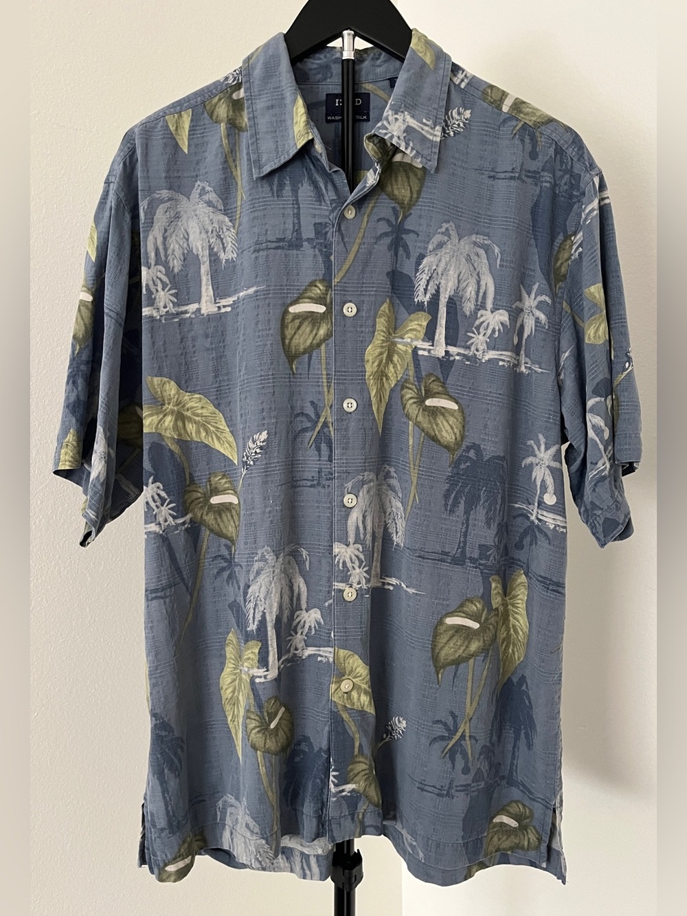 🌴 IZOD 100% Washable Silk Tropical Hawaiian Shirt Blue | Men's Large